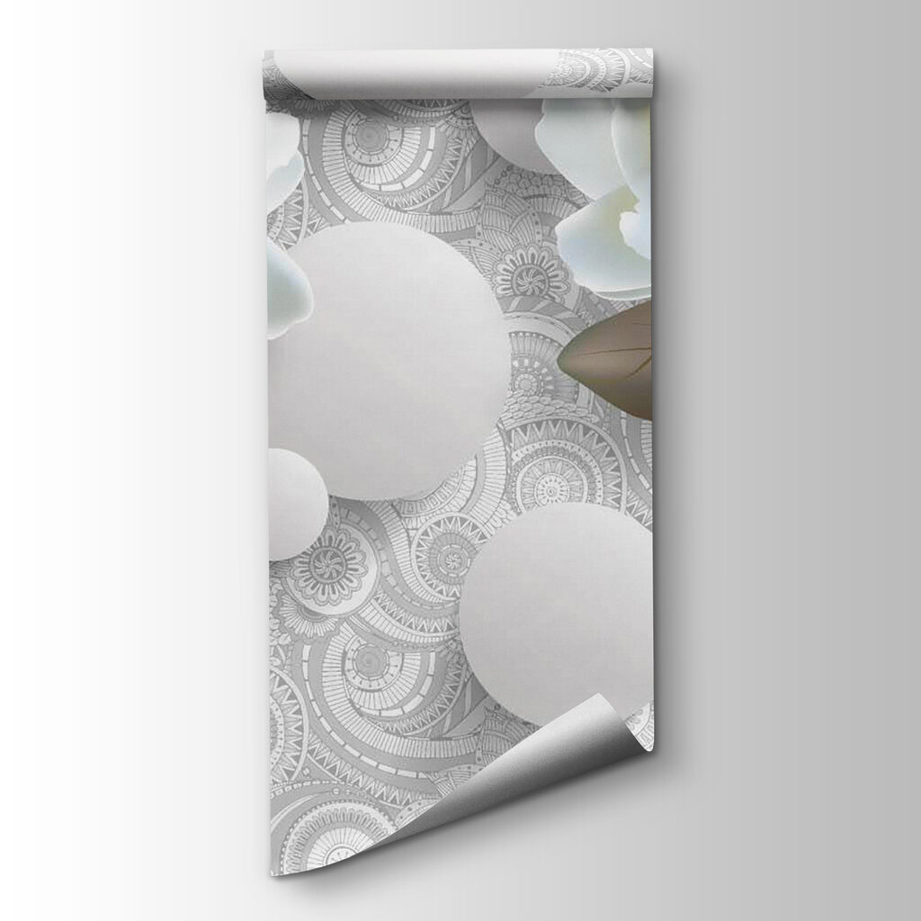 White flowers and circles on a white background