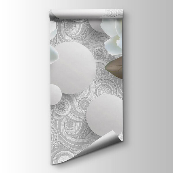 White flowers and circles on a white background