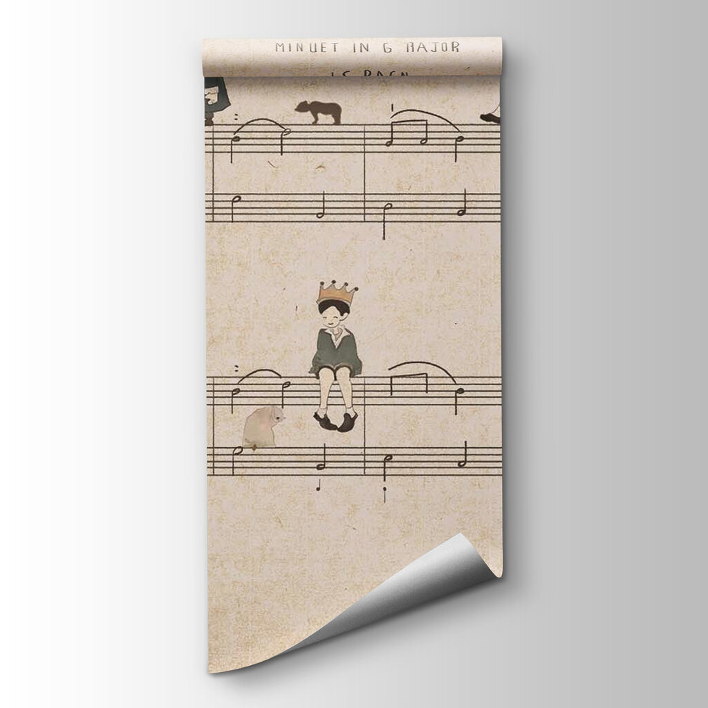 Sheet of music with drawings of people playing instruments