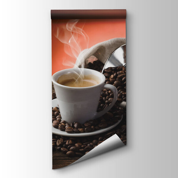 Cup of coffee with steam and coffee beans