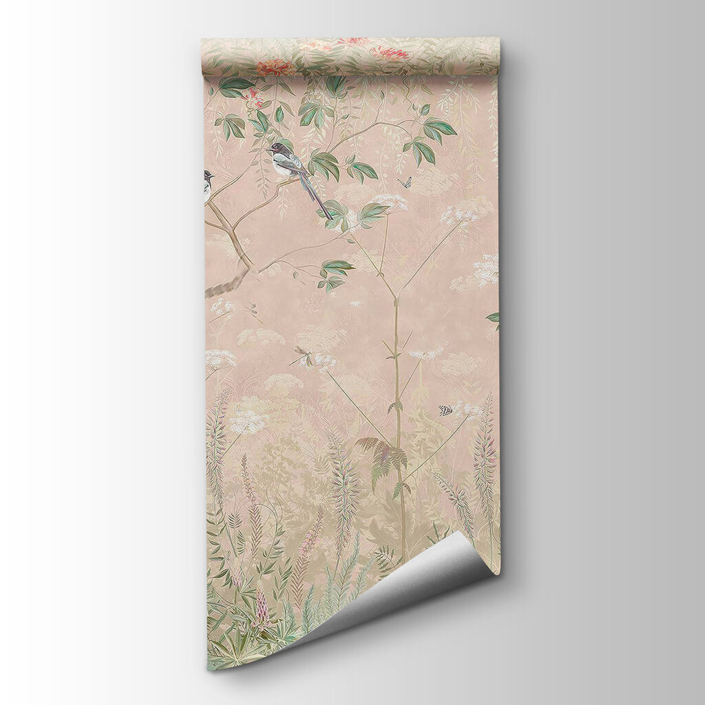 Wallpaper with birds on trees and flowers