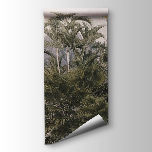 Tropical forest with palm trees and a bird flying