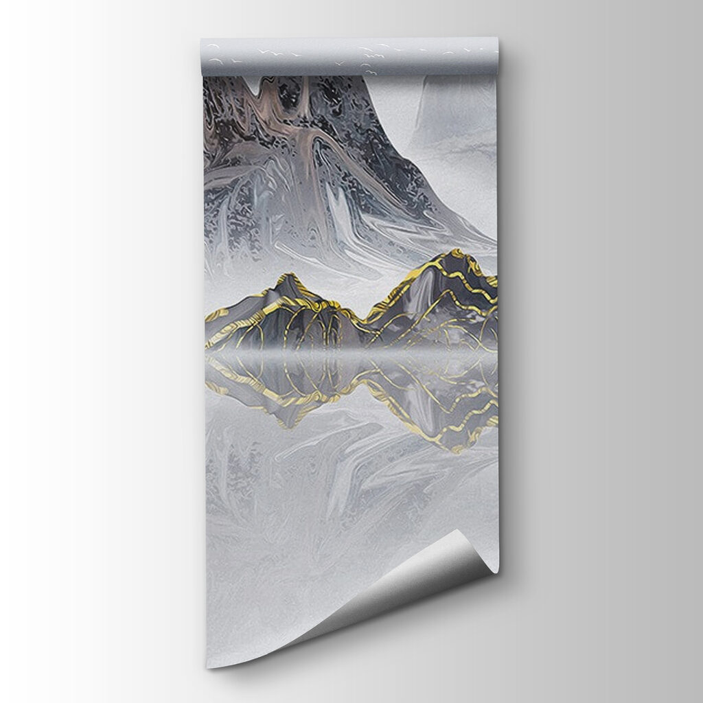 Mountain range with a red tree in the middle of the water