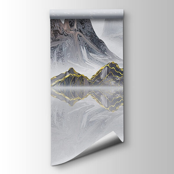 Mountain range with a red tree in the middle of the water