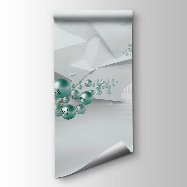 White room with white walls and white columns and green balls