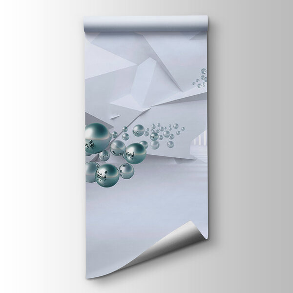 White room with white walls and white columns and silver balls