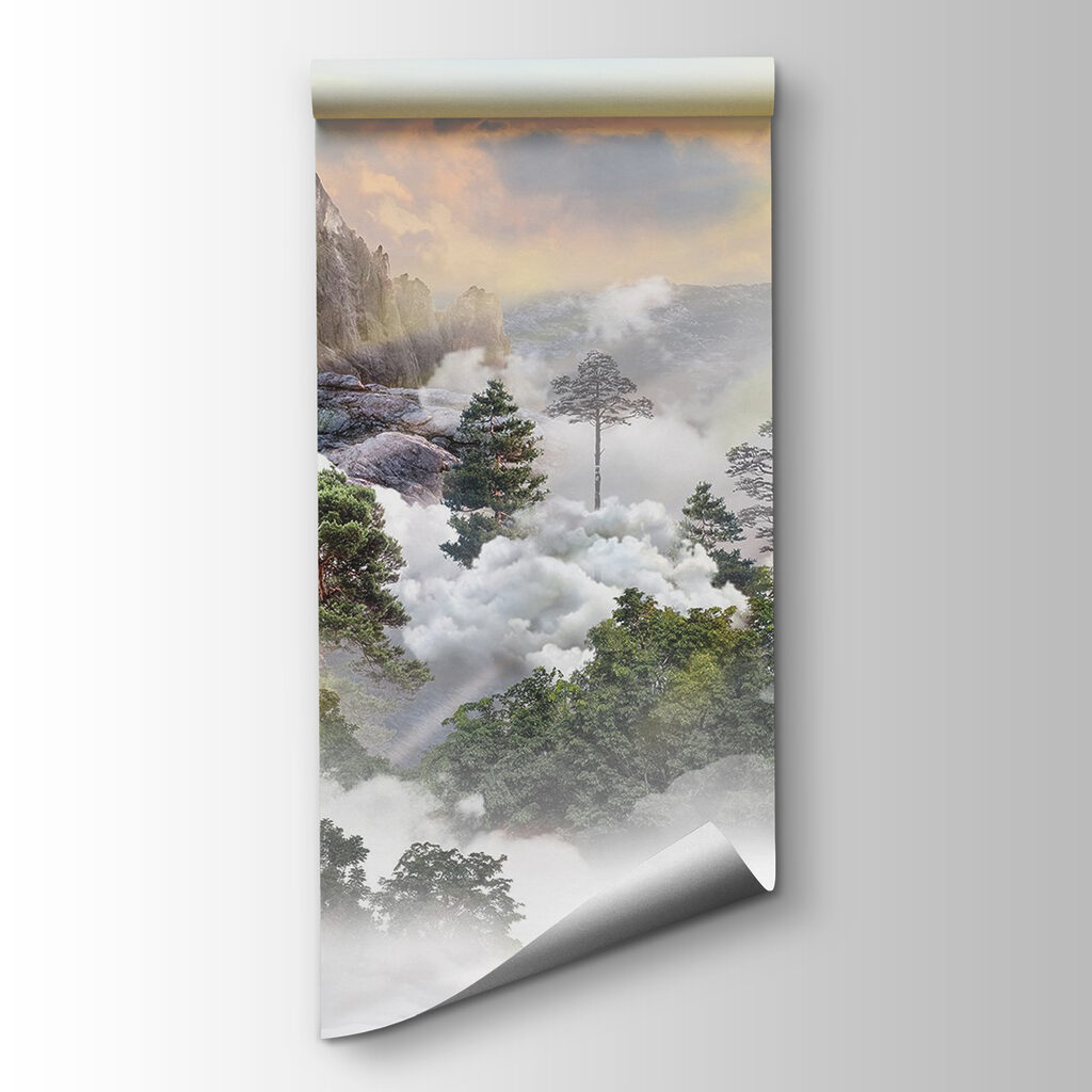 Mountain with trees and clouds