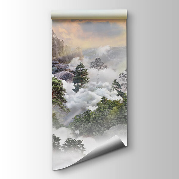 Mountain with trees and clouds