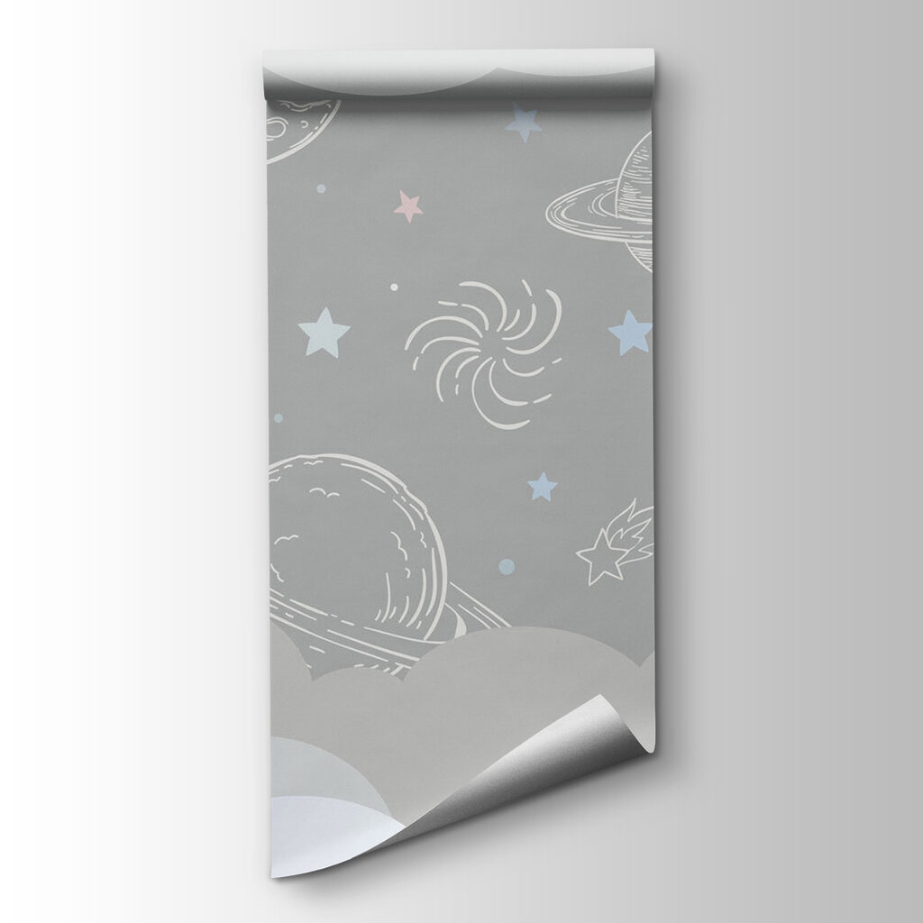 Grey background with clouds and rockets