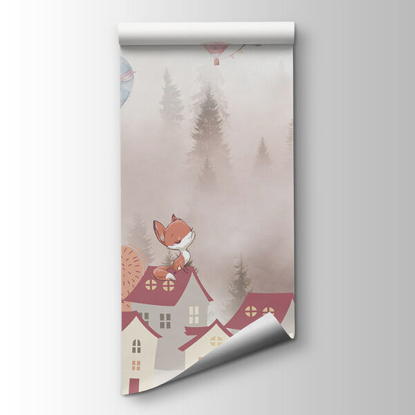 Cartoon of a fox on a rooftop of a town with hot air balloons