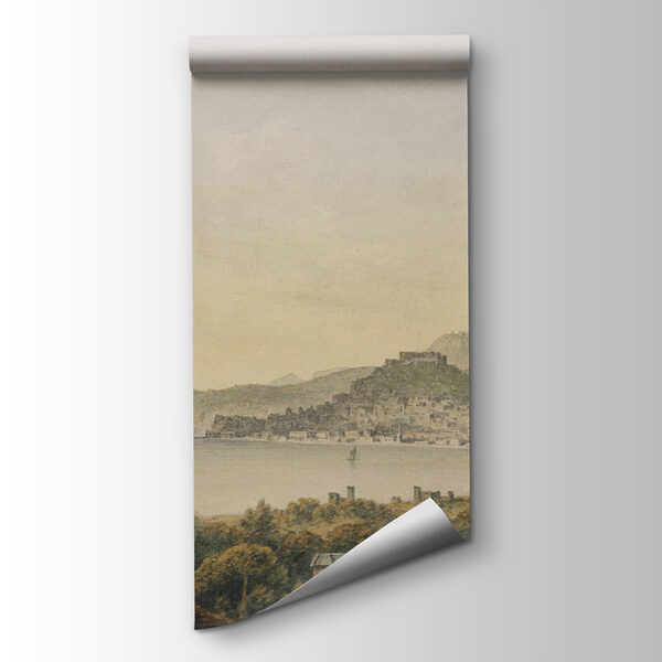 A landscape with a city and a body of water