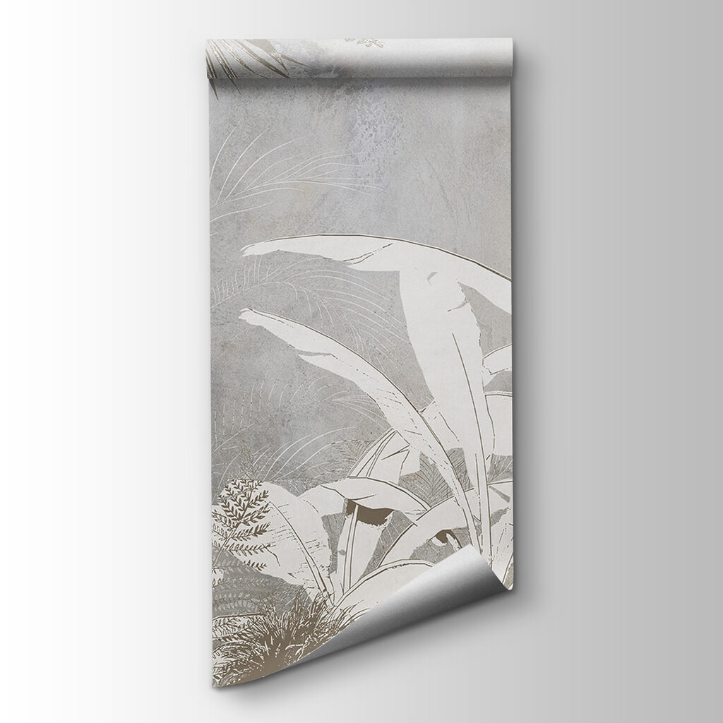 White and grey wallpaper with plants