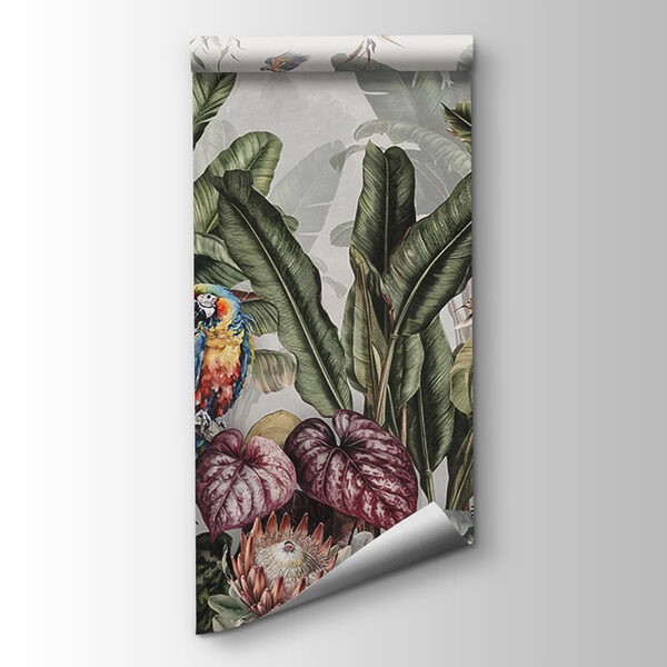 Wallpaper with tropical plants and birds