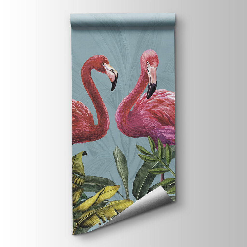 Two pink flamingos and green leaves Two pink flamingos and green leaves
