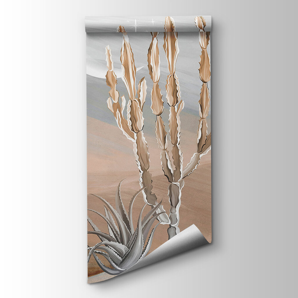 Desert landscape with cactus and palm trees