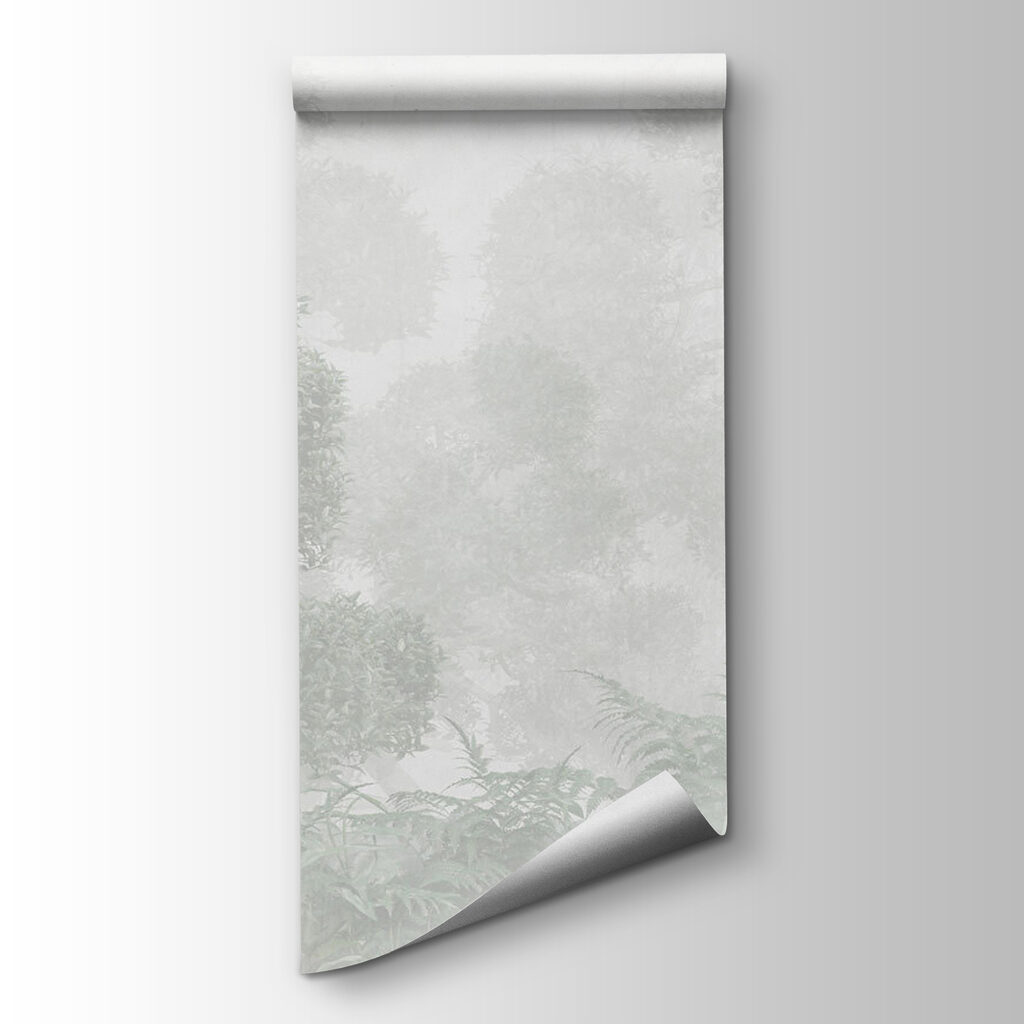 A foggy forest with trees and ferns