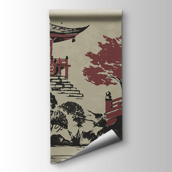 A painting of a pagoda and a bridge