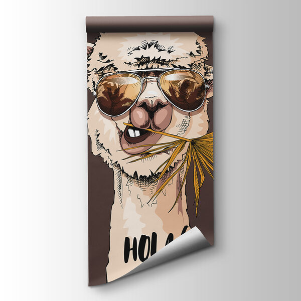 A llama wearing sunglasses and eating a palm leaf