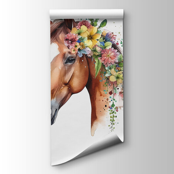 A watercolor of a horse with flowers on its head