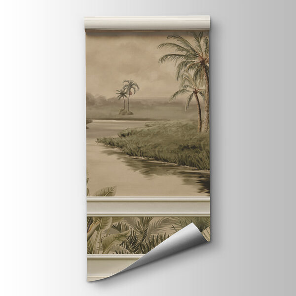 A wall with a painting of trees and a river