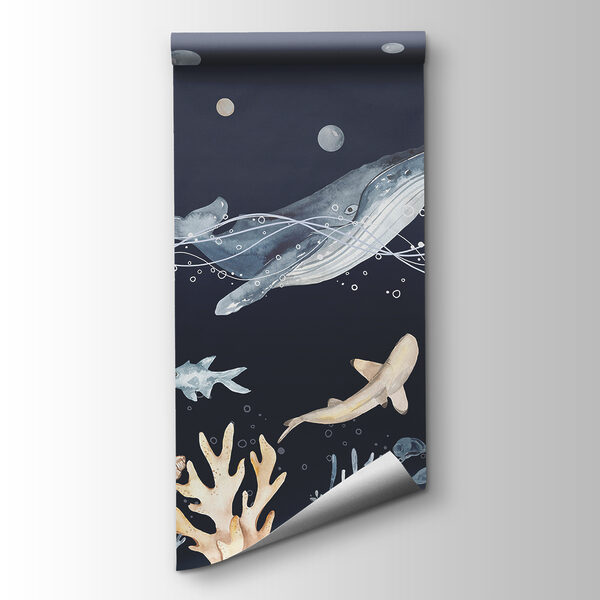 A watercolor of a whale and fish A watercolor of a whale and fish