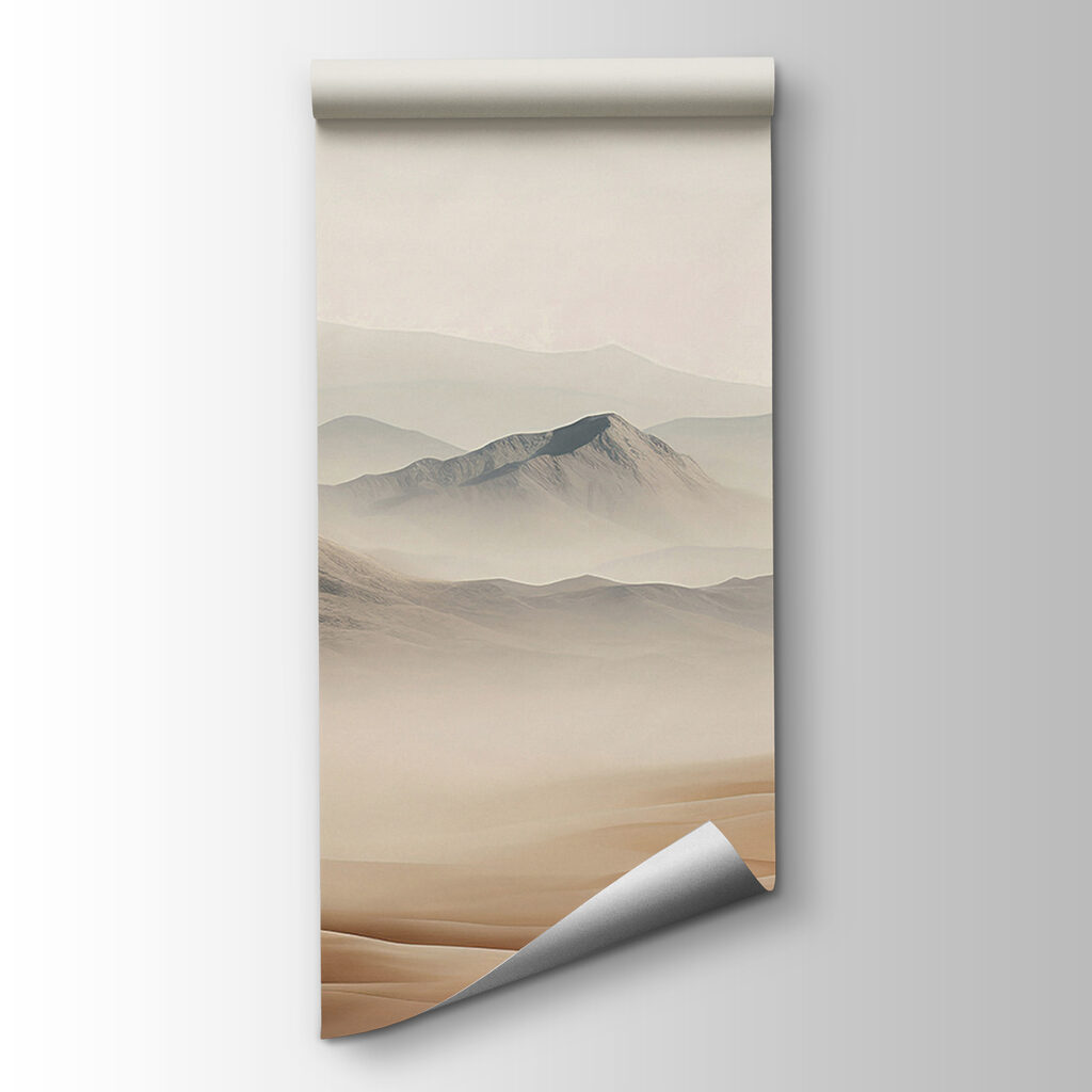 A desert landscape with hills and fog