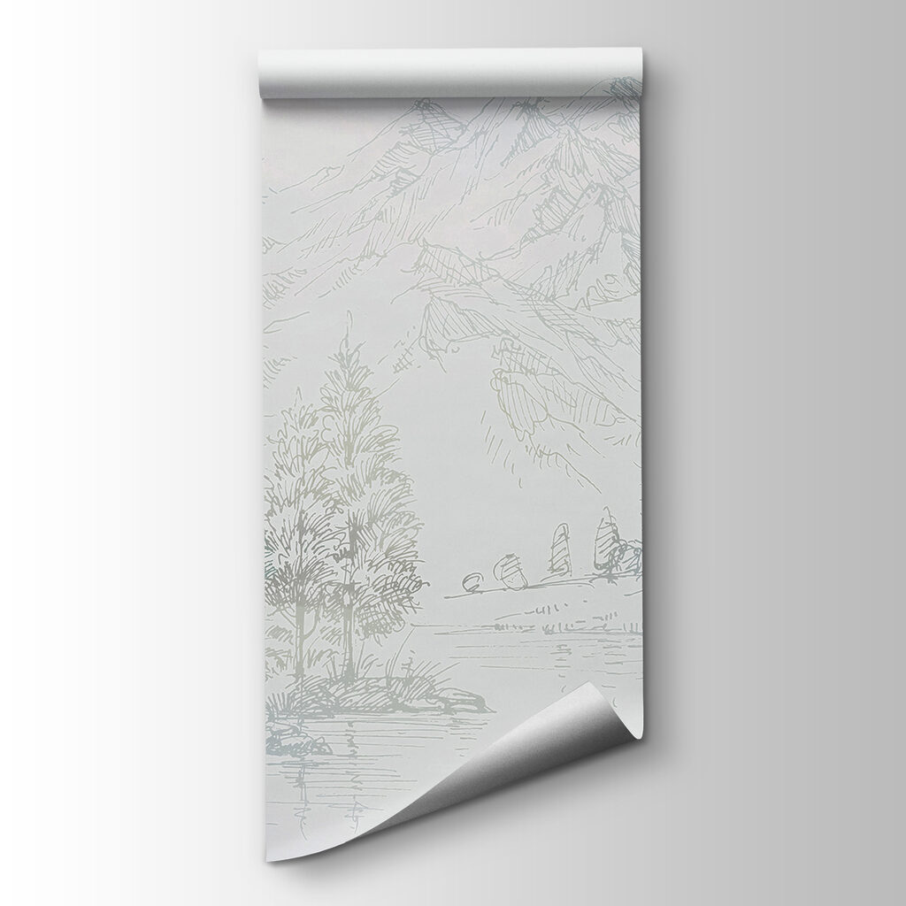 A river with trees and mountains in the background