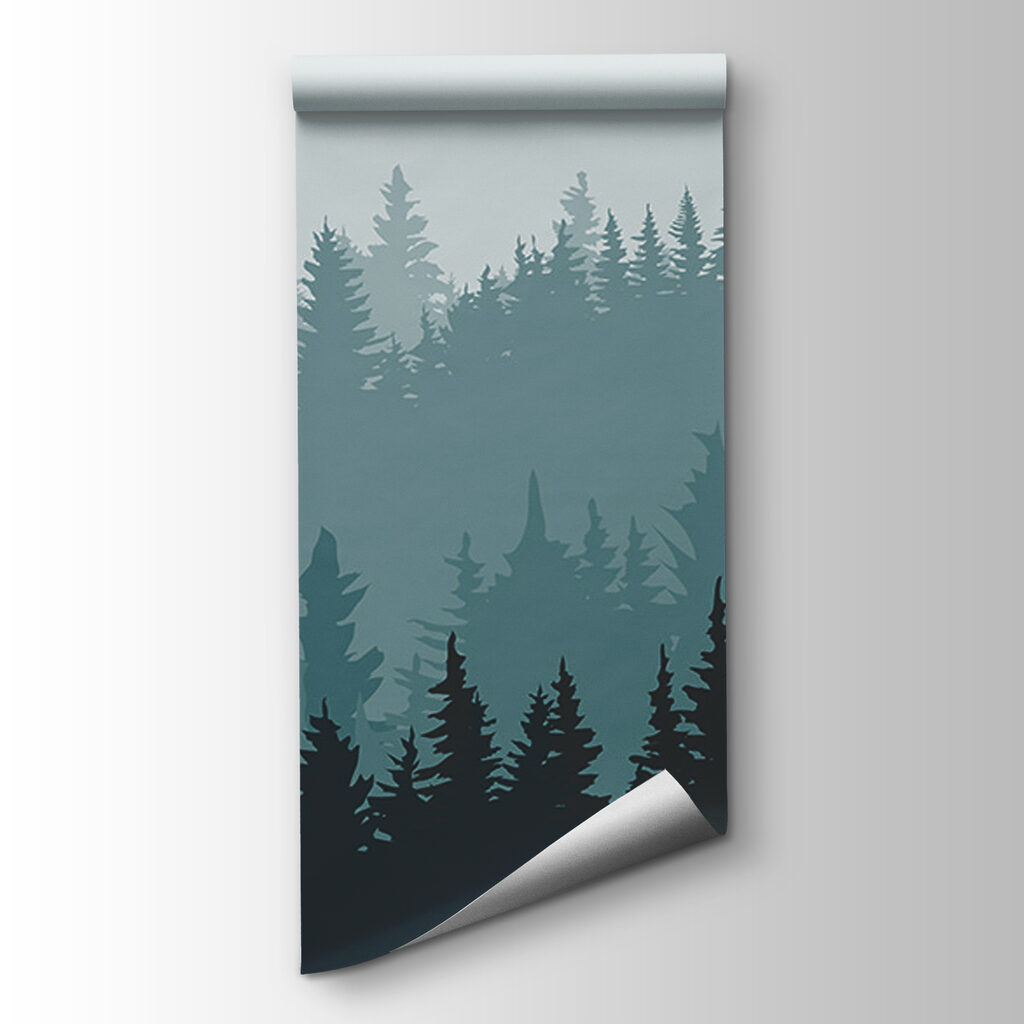 A forest of trees in the fog