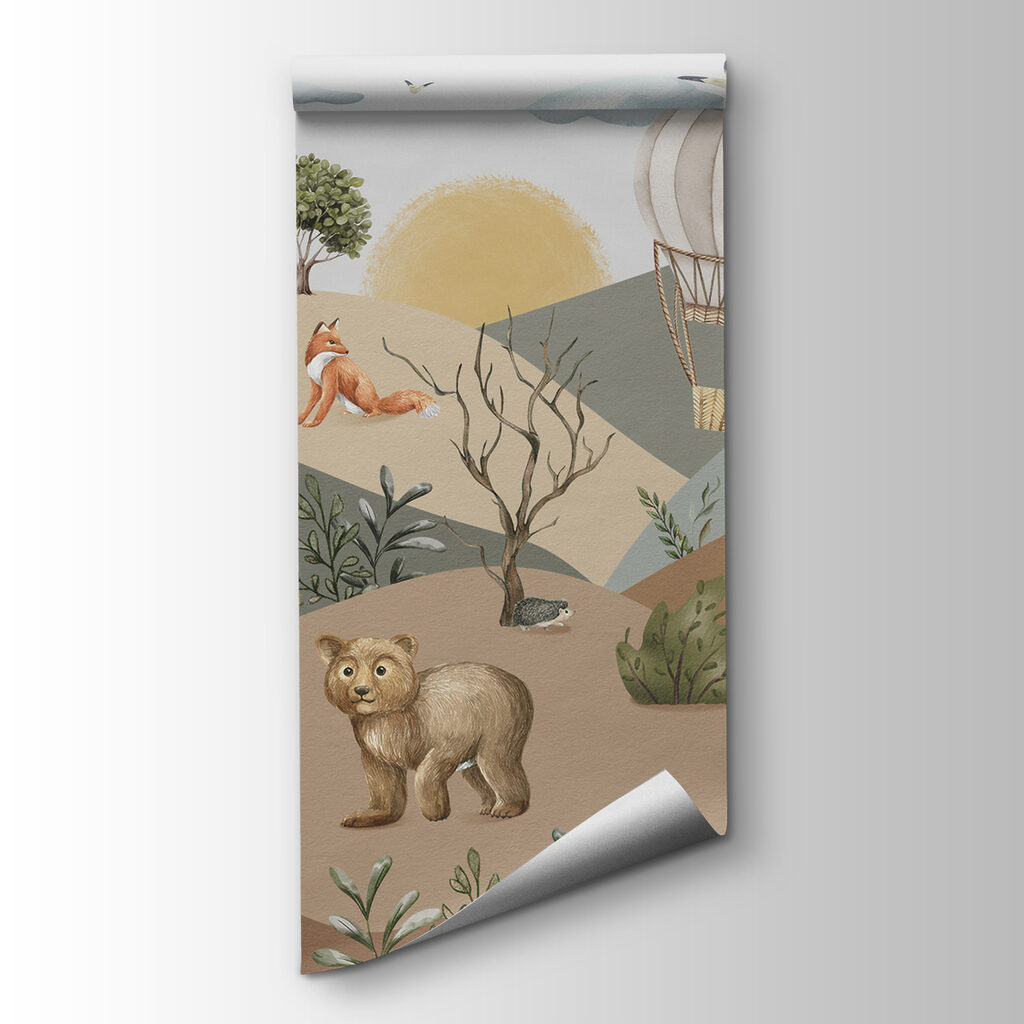 A landscape with animals and hot air balloons