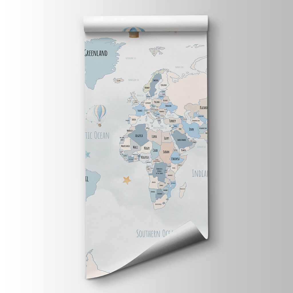 A map of the world with hot air balloons