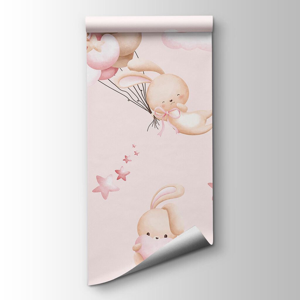 A group of cartoon bunnies holding balloons