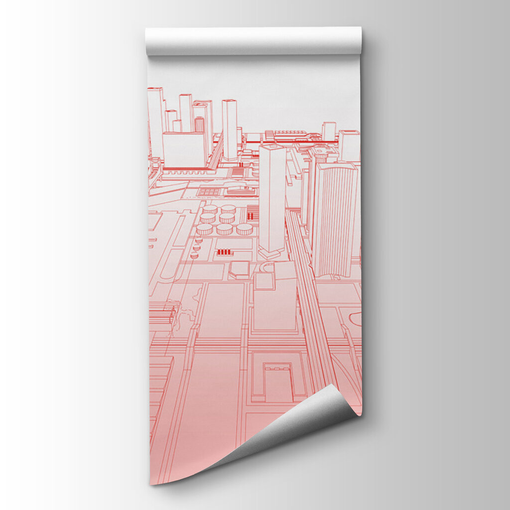 Red line drawing of a city