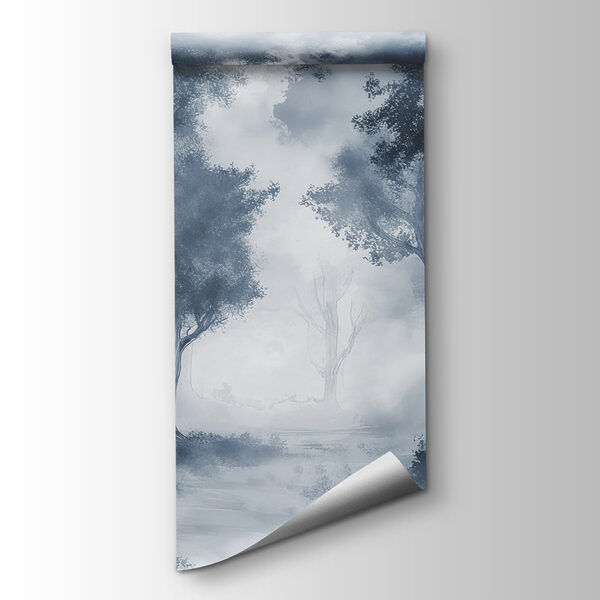 A foggy forest with trees and bushes