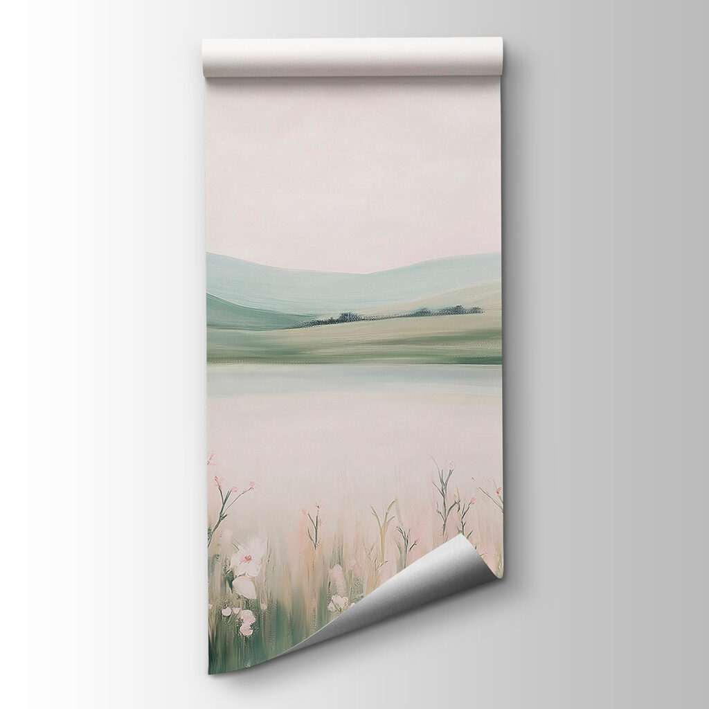 Painting of a lake with flowers