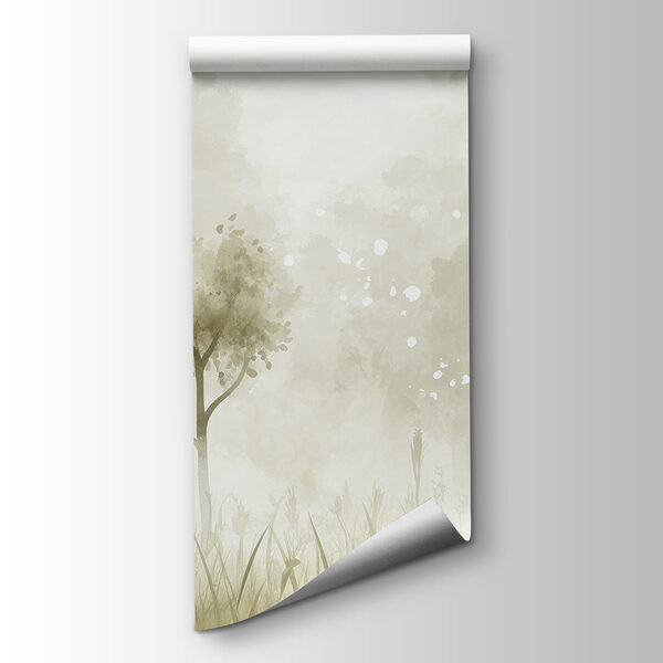 Foggy landscape with trees and grass