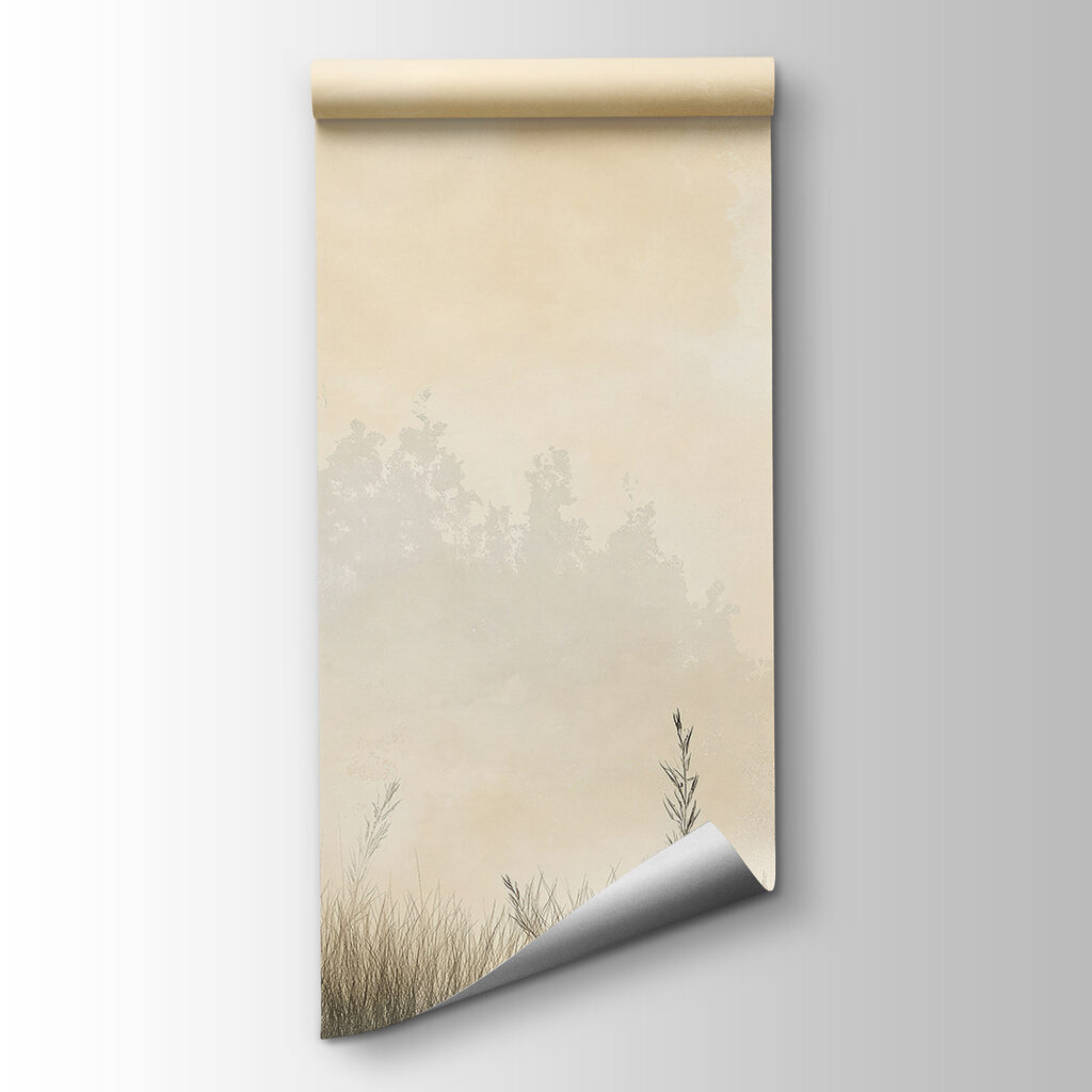 Foggy landscape with trees and grass