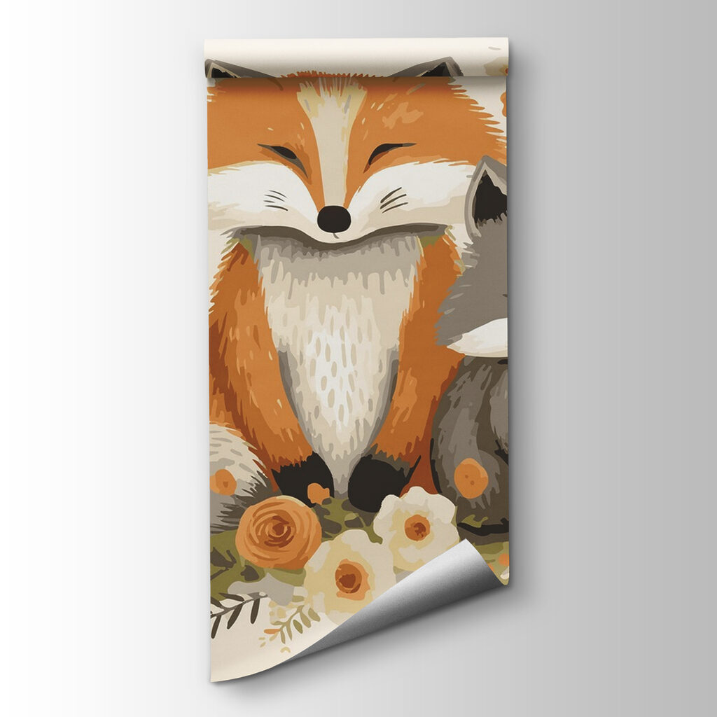 Fox and baby fox sitting in flowers