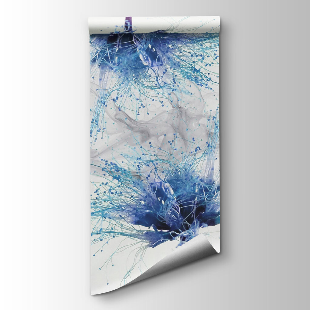 Blue flowers with white ink in the air