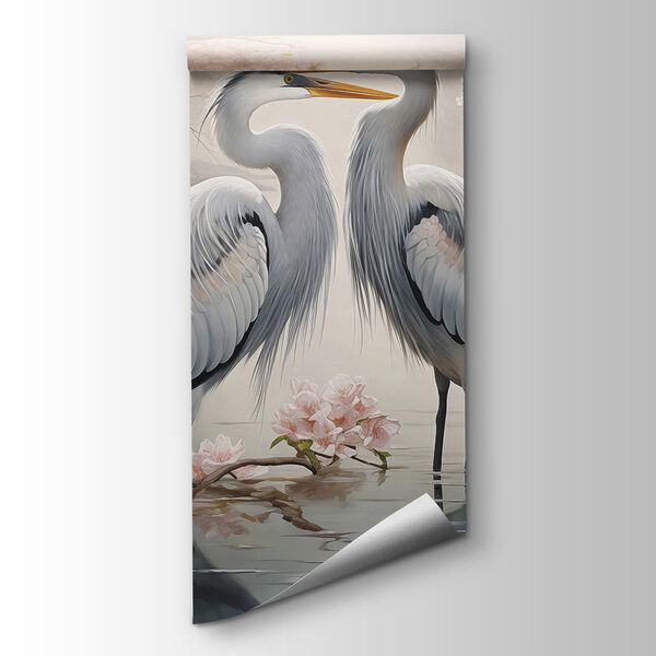 Couple of white birds standing in water with pink flowers Couple of white birds standing in water with pink flowers