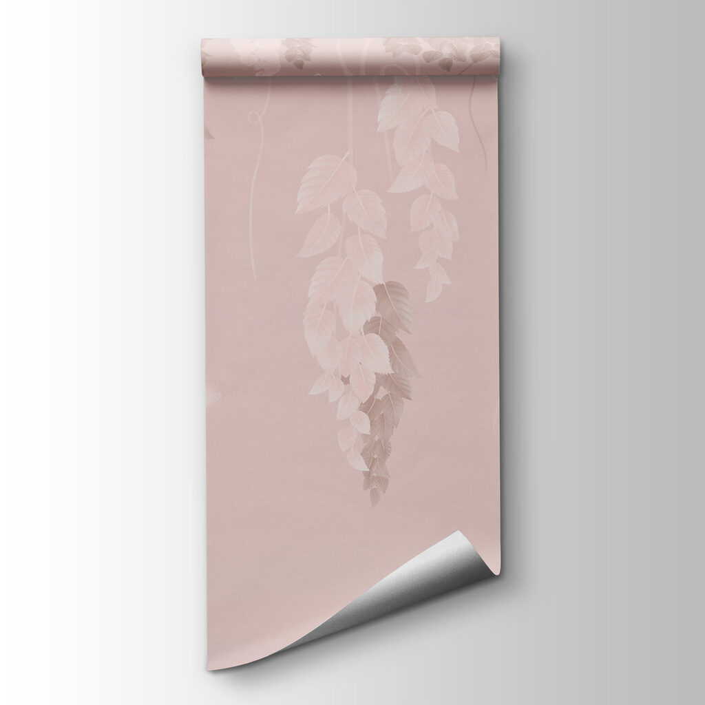 Pink and white background with leaves and butterflies
