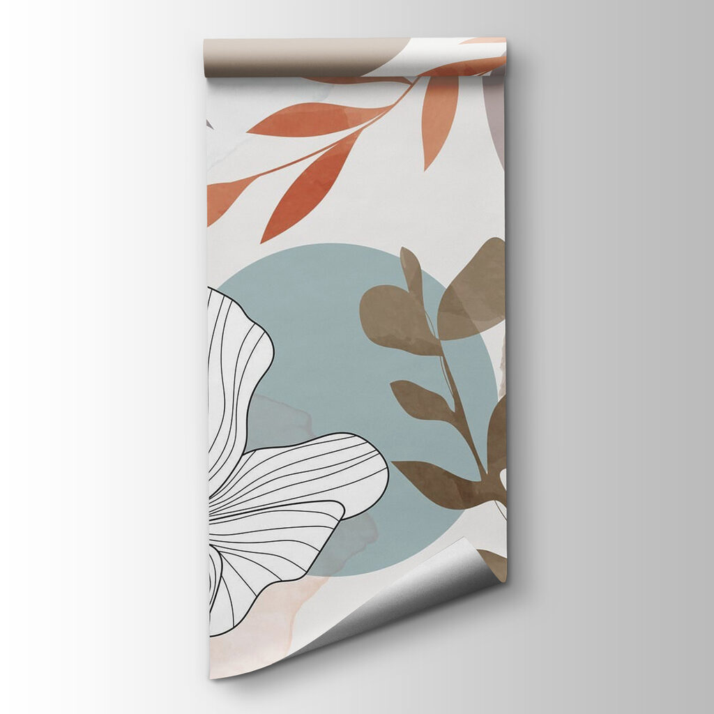 White flowers with brown leaves and blue circles