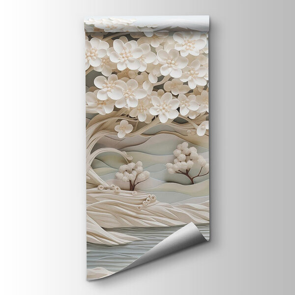 White tree with white flowers and a river