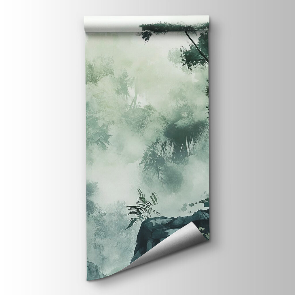 Foggy forest with trees and rocks