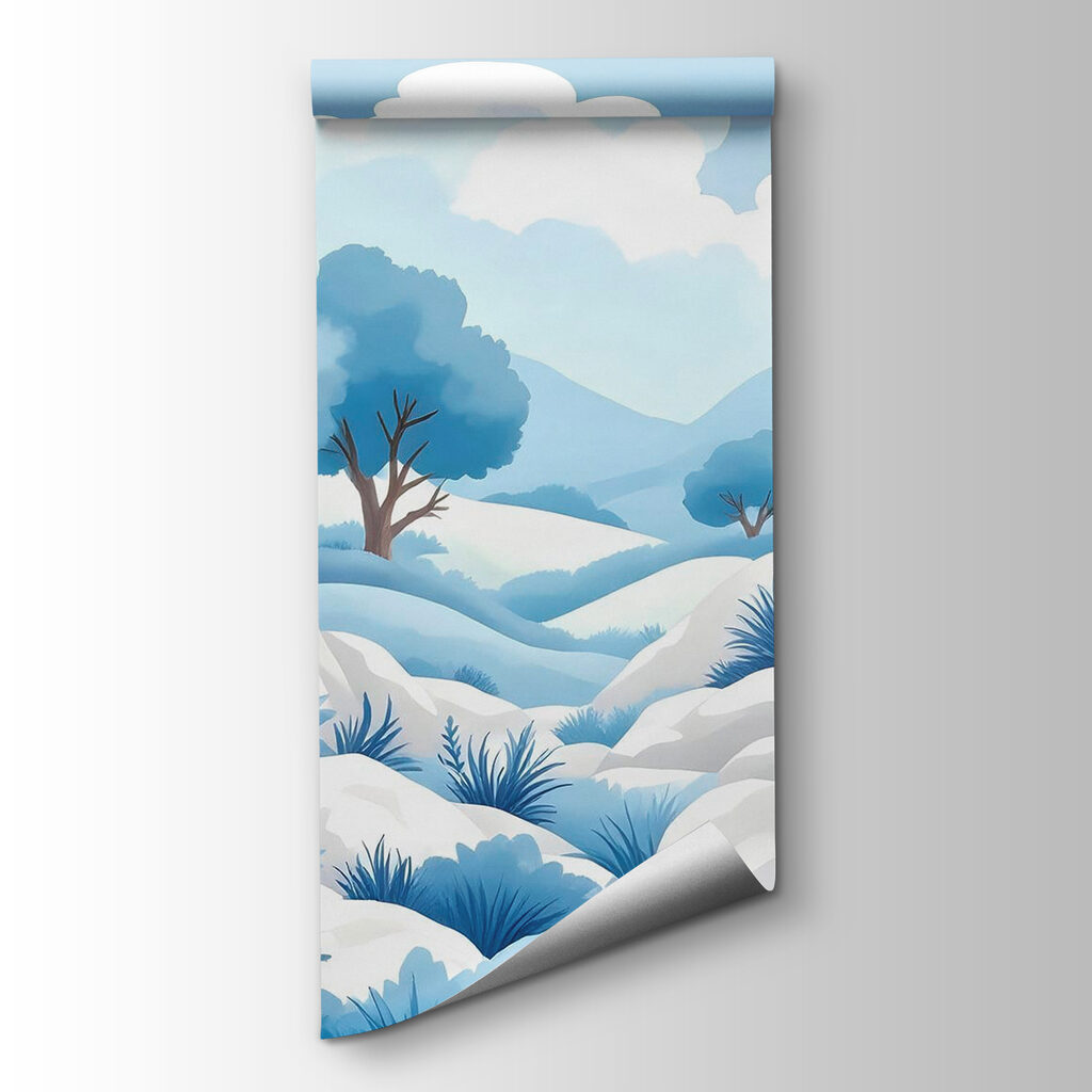 Snowy landscape with trees and bushes