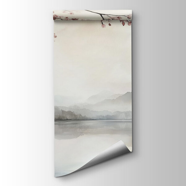 Watercolor painting of a lake with trees and mountains Watercolor painting of a lake with trees and mountains