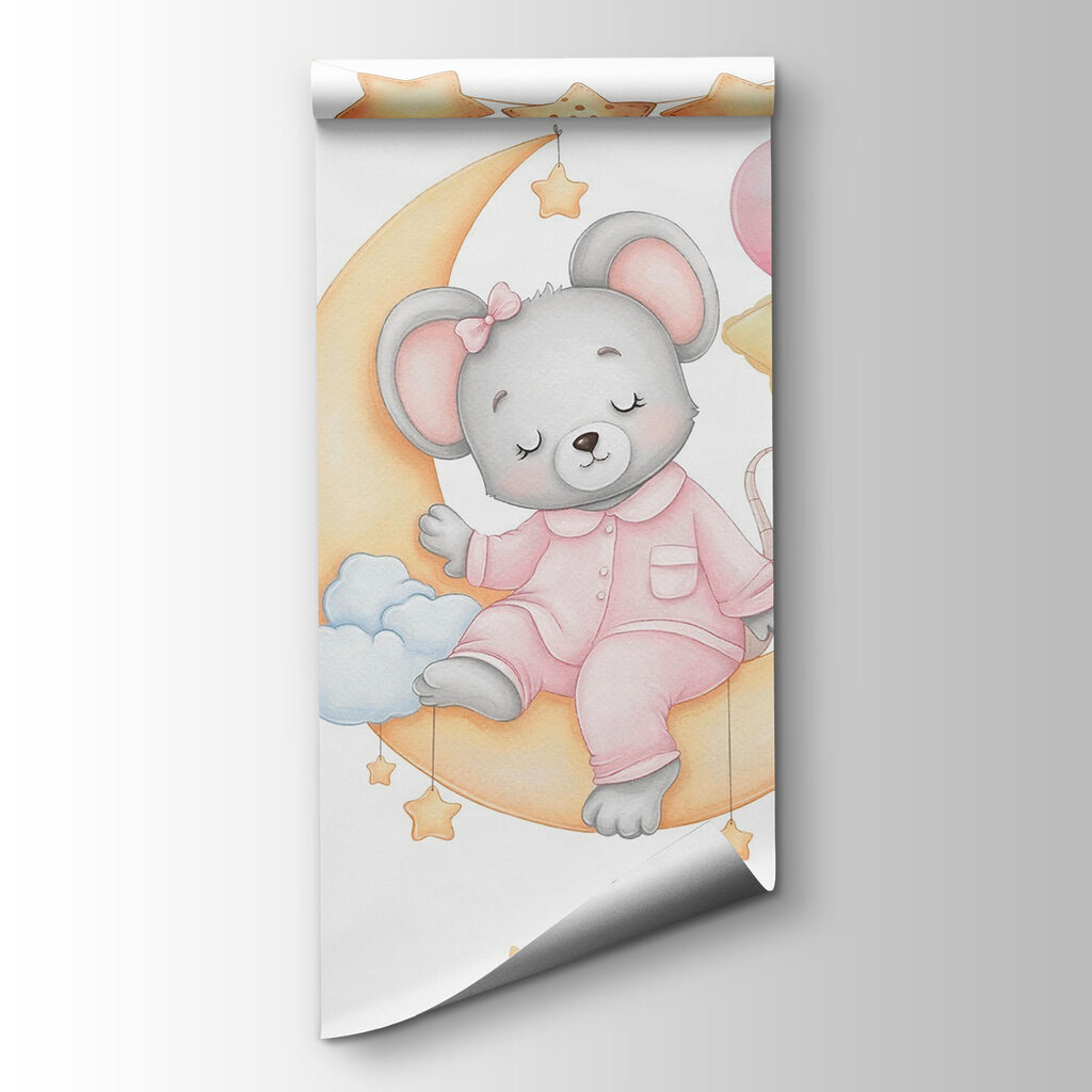 Mouse sitting on the moon with balloons