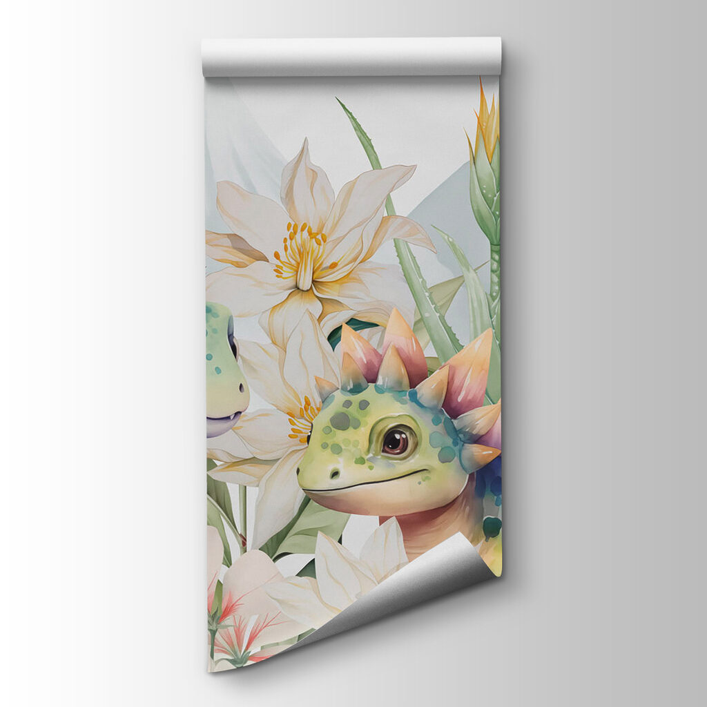 Group of dinosaurs surrounded by flowers