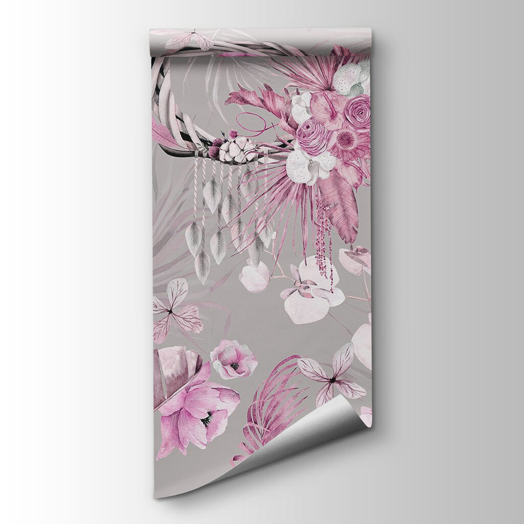 Wallpaper with flowers and feathers