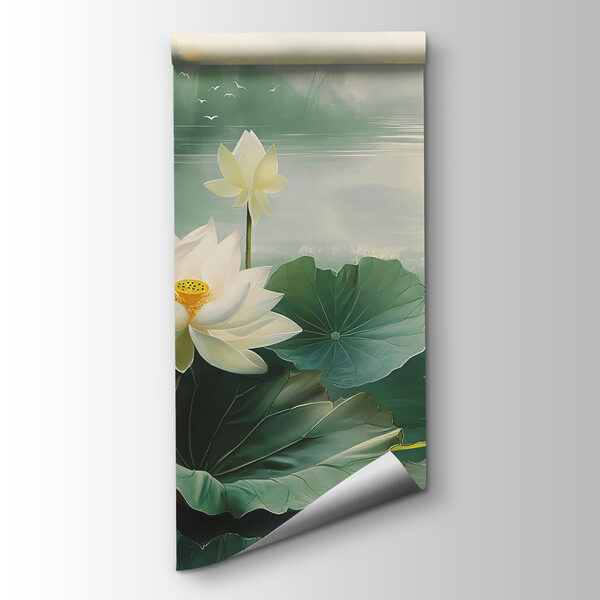 Painting of white flowers and leaves in a lake