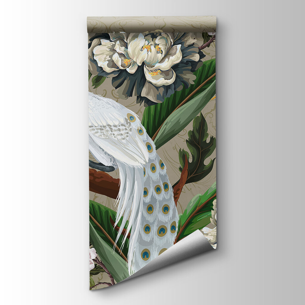 Wallpaper with birds and flowers